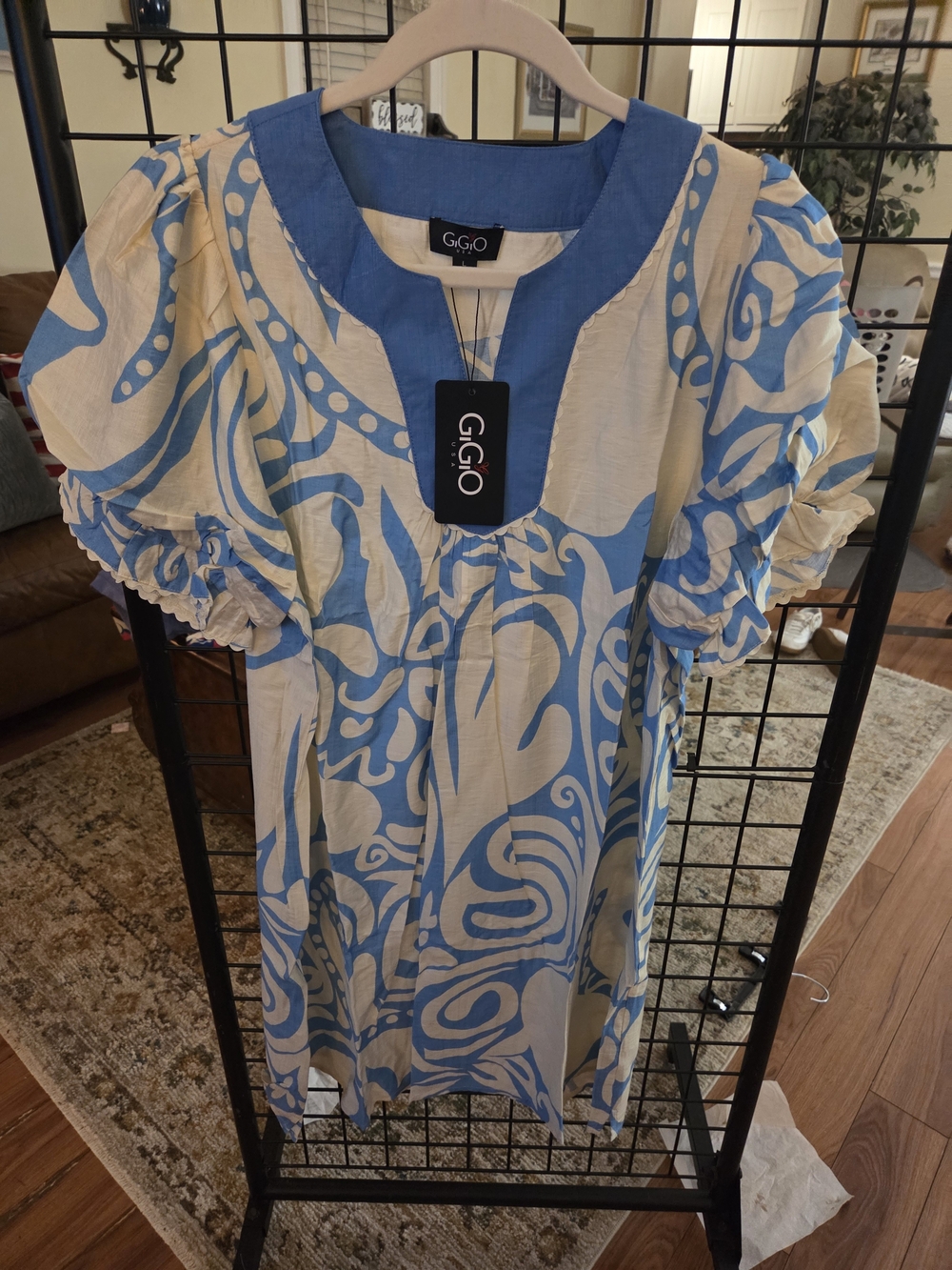 GiGiO Blue and Cream Midi Dress with Puff Sleeves
